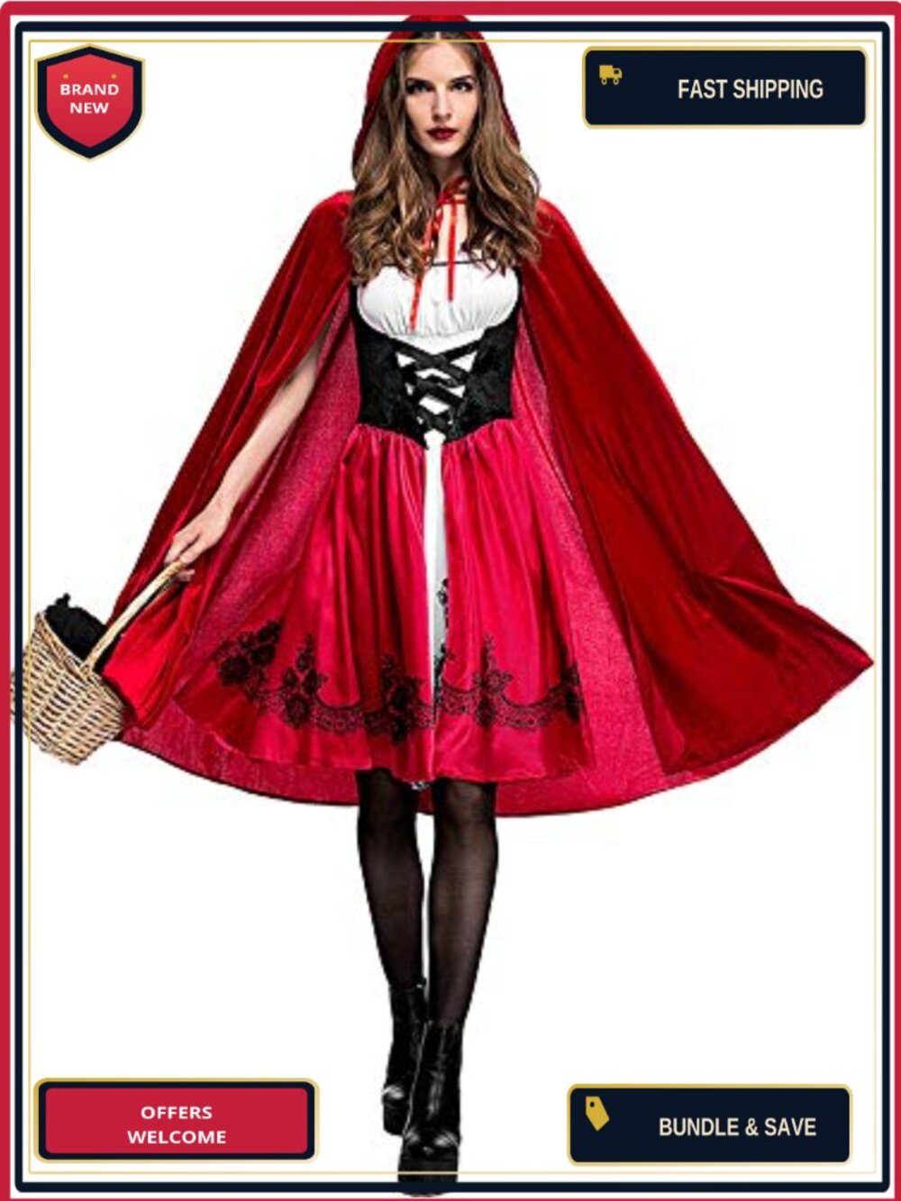 Little Red Riding Hood Costume Corset Dress & Hooded Cape Cosplay Halloween